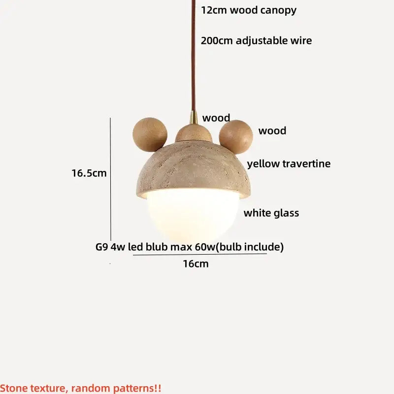 Wabi sabi beige and brown pendant light fixture with textured yellow travertine body, wooden ears, and white glass shade