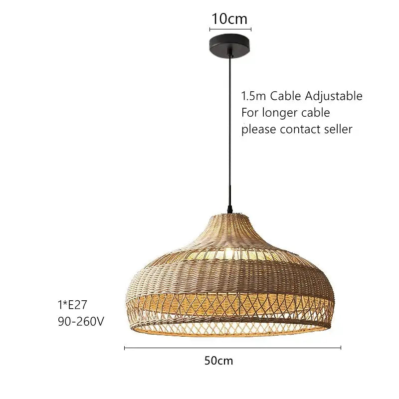 Wabi sabi beige bamboo rattan pendant light with intricate lattice design and adjustable cable for dining room decorbites bamboo rattan pendant