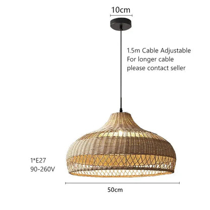 Wabi sabi beige bamboo rattan pendant light with intricate lattice design and adjustable cable for dining room decorbites bamboo rattan pendant