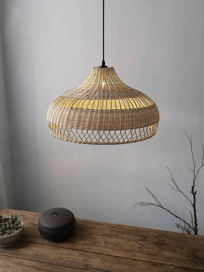 Wabi sabi beige bamboo rattan pendant light with warm golden glow for dining room featuring decorbites bamboo rattan pendant