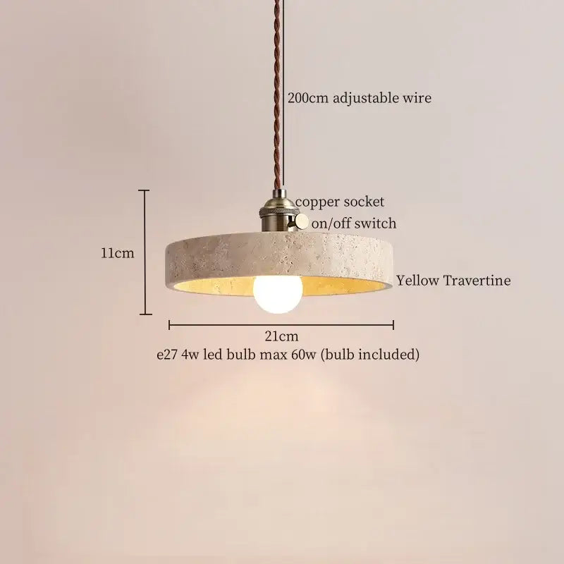 Yellow travertine pendant lights with copper socket and braided wire for wabi sabi beige concrete dining room decorbites led yellow