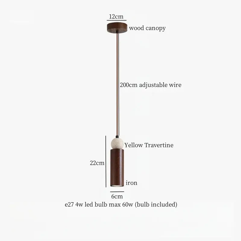 A modern pendant light with yellow travertine shade iron base dark wood canopy and adjustable wire for dining room decorbites led yellow