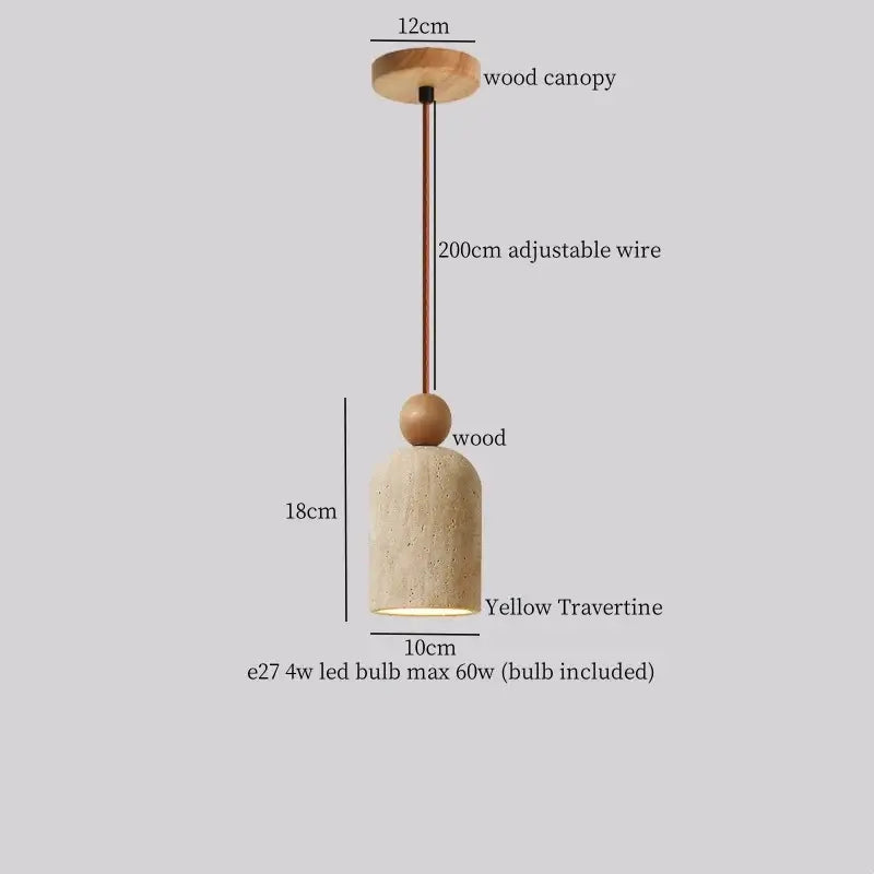 Minimalist pendant light with natural wood canopy, adjustable bronze wire, and led yellow travertine shade decorbites led yellow