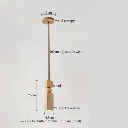 Minimalist pendant lights with natural wood canopy, adjustable brass wire, and led yellow travertine for dining room decorbites led yellow