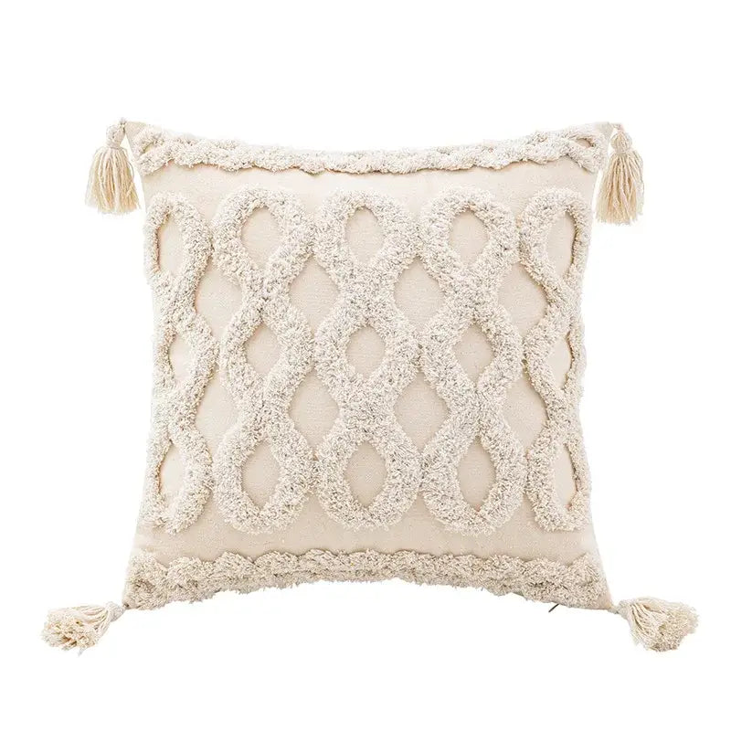 Cream-colored wabi-sabi beige geometric tufted cushion cover with woven diamond pattern and tassels for living room use