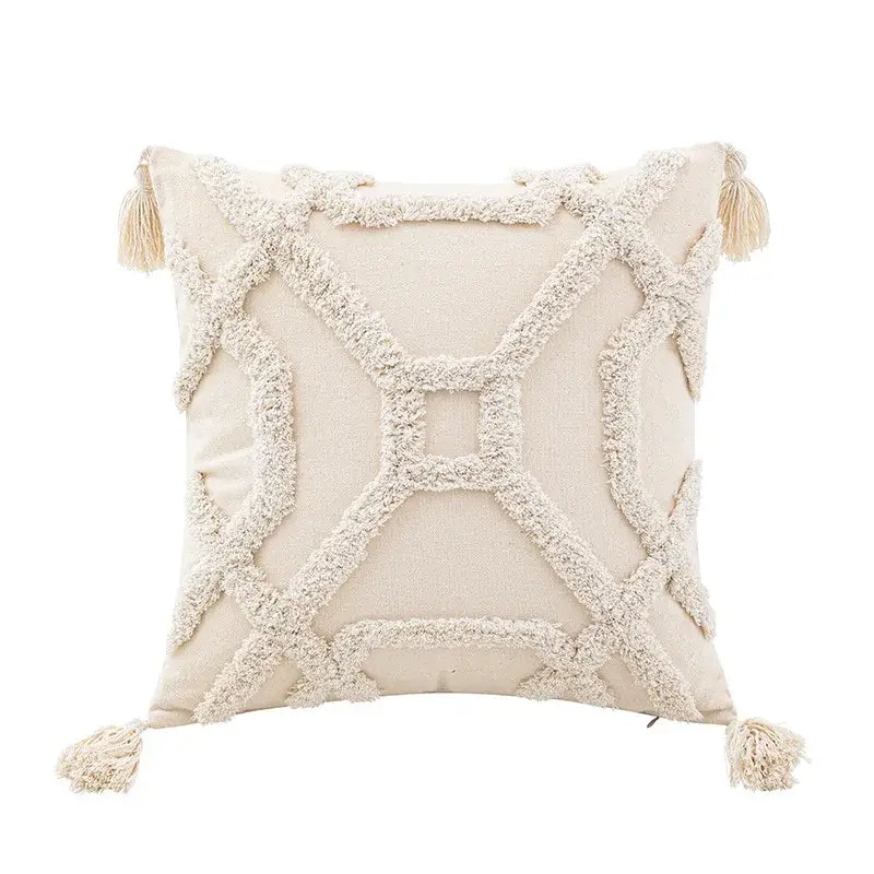 Cream-colored wabi-sabi beige geometric tufted cushion cover with woven pattern and tassels for living room decor