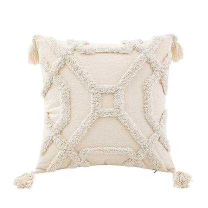 Cream-colored wabi-sabi beige geometric tufted cushion cover with woven pattern and tassels for living room decor
