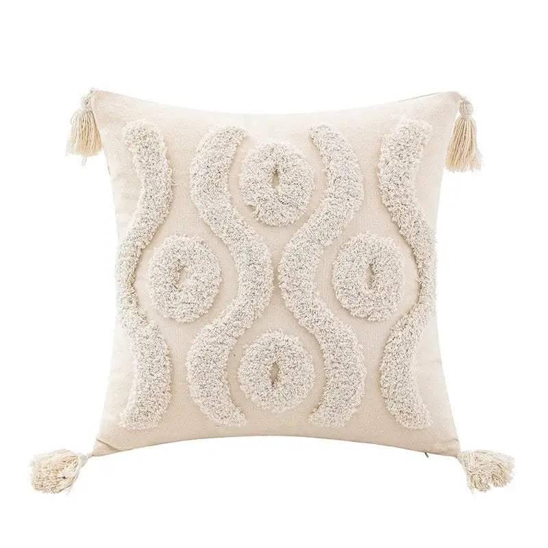 Cream-colored wabi-sabi beige tufted cushion cover with textured fluffy tassels in geometric wavy lines and circles pattern