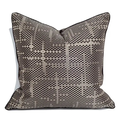 Wabi sabi black and silver pillow cover with subtle gray plaid pattern and textured weave for living room decorbites brown geometric style