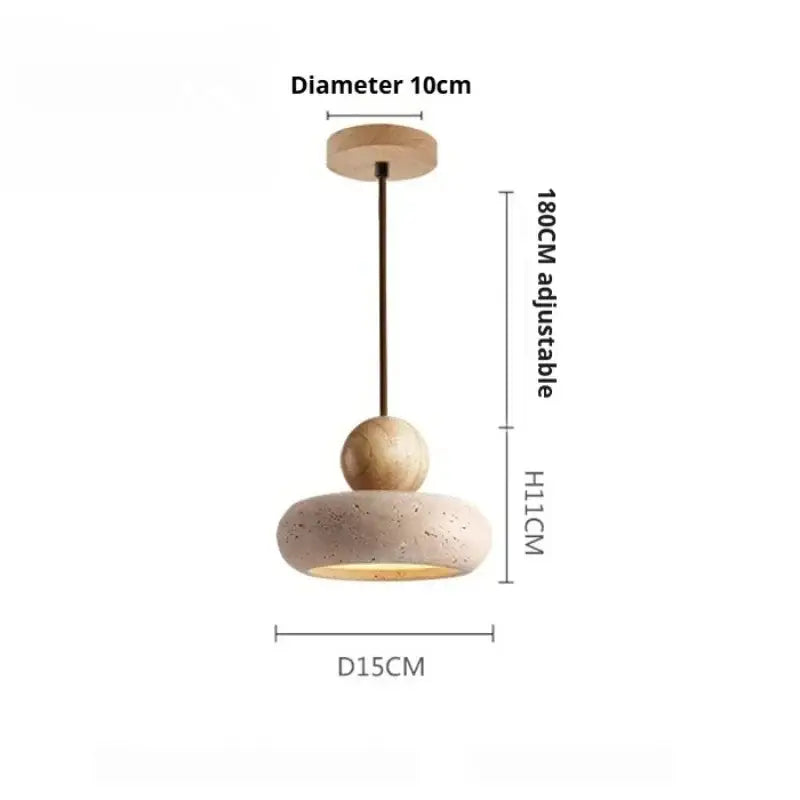 Wabi-sabi brown and beige travertine stone pendant light with 15cm x 11cm wooden and concrete shades for dining room