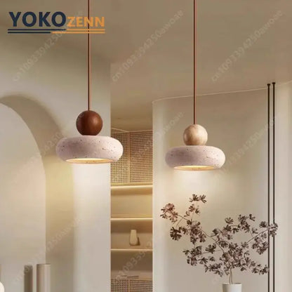Two minimalist pendant lights with travertine stone bases in warm brown and beige for dining room 15cm x 11cm