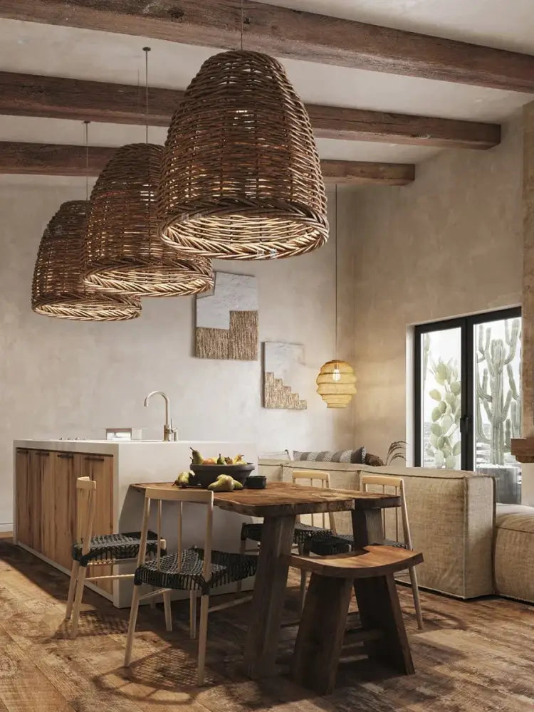 Wabi sabi brown handmade rattan seaside pendant lamp with woven wicker texture for dining room decorbites handmade rattan