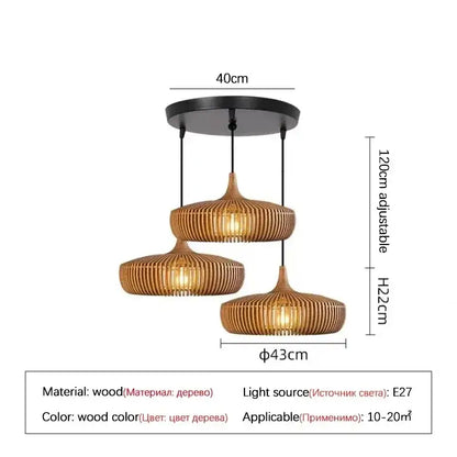Three-tiered brown ribbed wood pendant light with slatted design as a natural light source for living room square meters