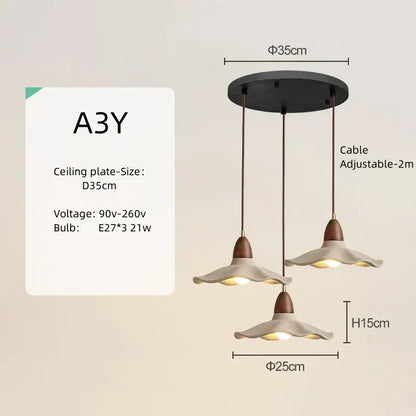 Wabi sabi pendant light with three cream petal-shaped shades and natural wood bronze tops for dining room use