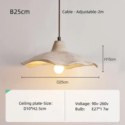 Beige handcrafted concrete pendant light with flared design and natural wood material for dining room use