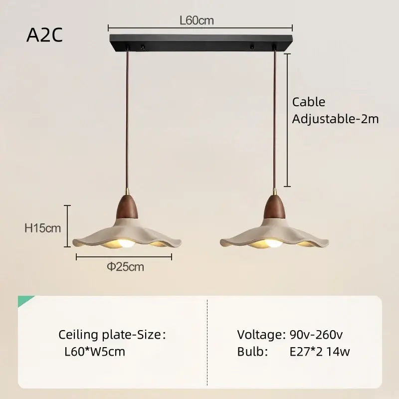 Modern double pendant light with flared off-white ceramic shades and natural wood material for dining room