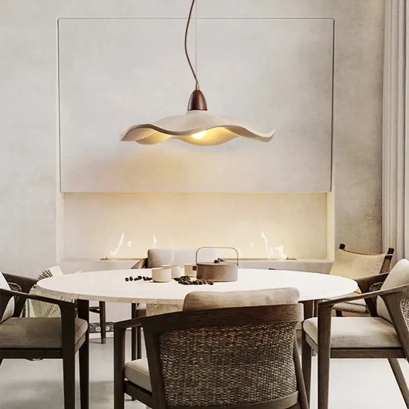 Wabi sabi cream pendant light with natural wood and dark bronze fixture for dining room illumination