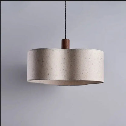 Beige textured cylindrical fabric pendant chandelier lamp with wooden finial and black cord for decorbites cream wabi-sabi decor