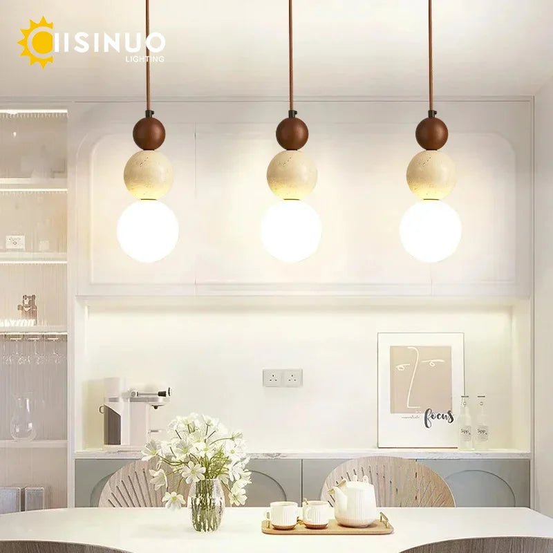 Wabi Sabi Cream Stone Pendant Light With Wooden Accent - Decorbites