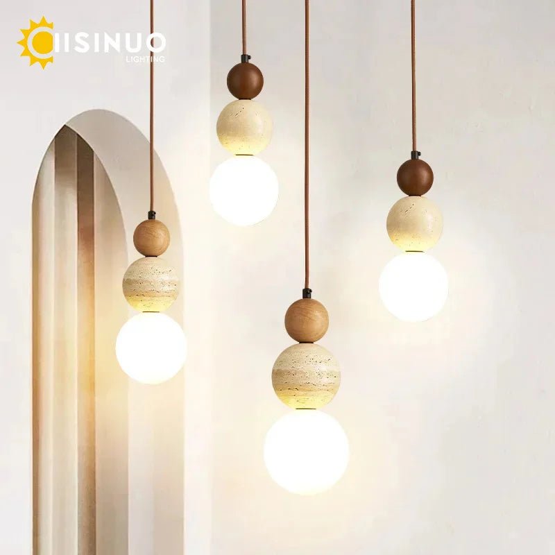 Wabi Sabi Cream Stone Pendant Light With Wooden Accent - Decorbites