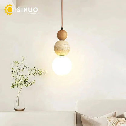 Wabi Sabi Cream Stone Pendant Light With Wooden Accent - Decorbites
