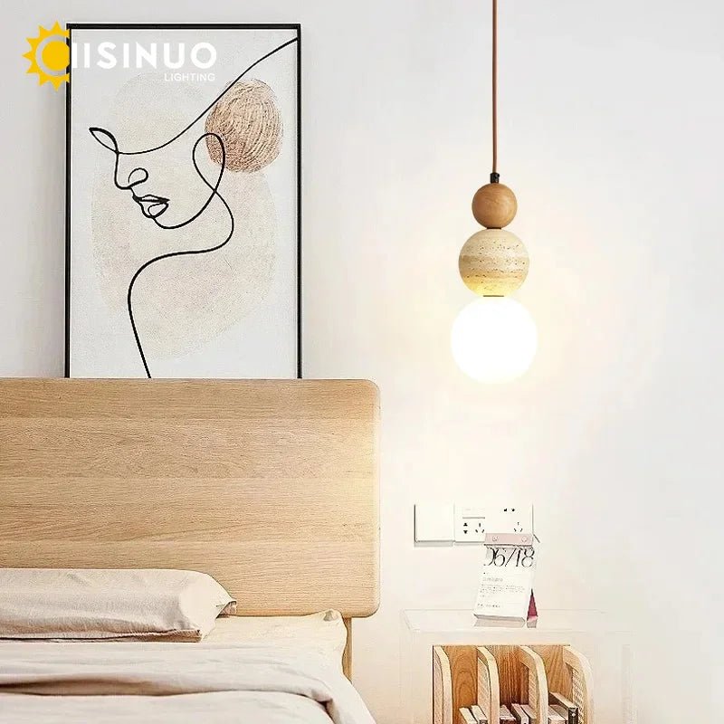 Wabi Sabi Cream Stone Pendant Light With Wooden Accent - Decorbites