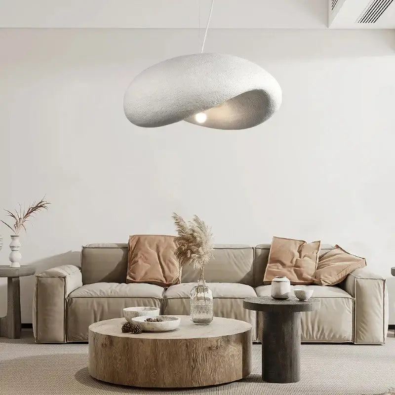 Wabi sabi cream style led pendant light with textured white cloud shape and soft diffused illumination for dining room decorbites cream style