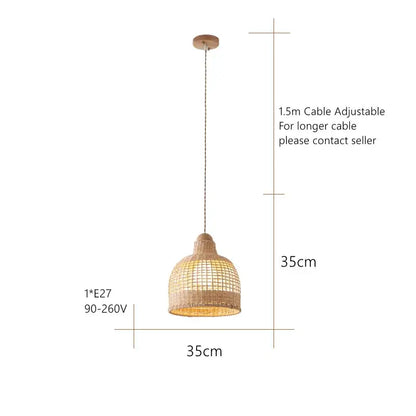 A warm-toned decorbites bamboo pendant lamp with woven rattan shade and natural wood mount for dining room island