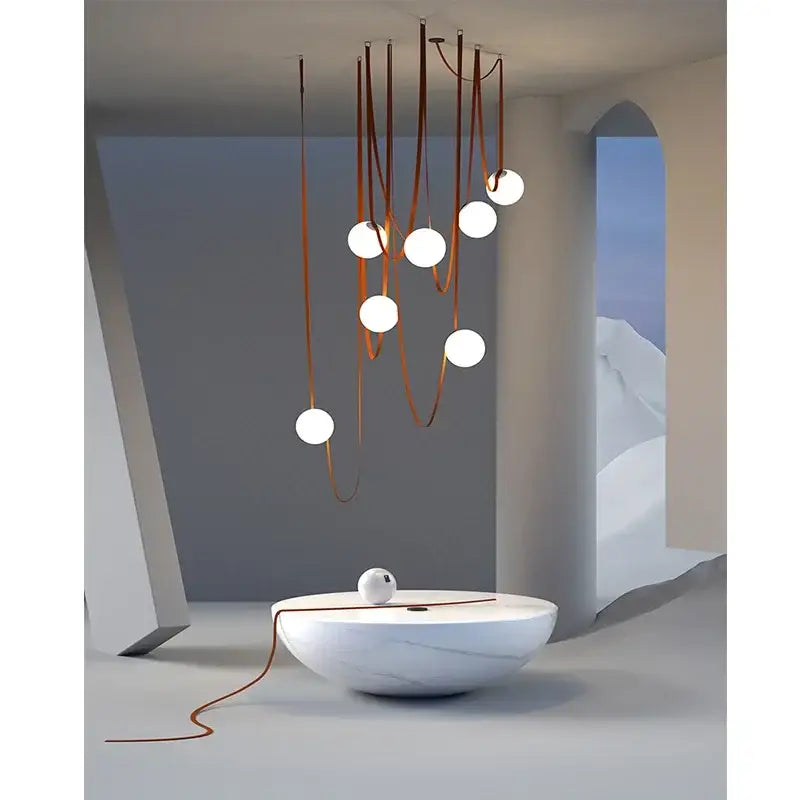Modern wabi sabi designer copper and white chandelier with seven spherical bulbs and leather cords for living room lighting