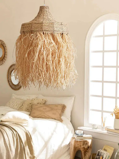 Beige fringed handmade woven rattan pendant lamp with textured design for dining room decorbites handmade woven decor