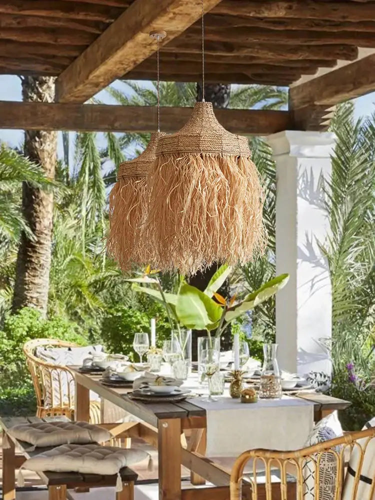 Wabi sabi fringed handmade woven rattan pendant lamp with natural woven texture ideal for dining room decorbites handmade woven pendant lamps