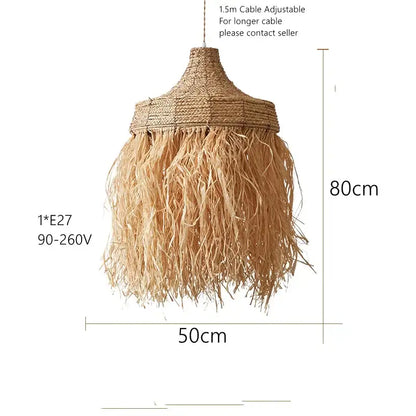 Natural fiber pendant lamp in light beige tones with fringed handmade woven rattan design for dining room decorbites handmade woven pendant lamps