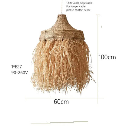 Wabi sabi fringed handmade woven rattan pendant lamp in beige tones for dining room decorbites handmade woven design