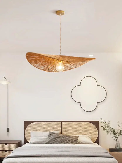 Wabi sabi golden fan bamboo pendant lights with warm-toned woven rattan design for dining room lighting