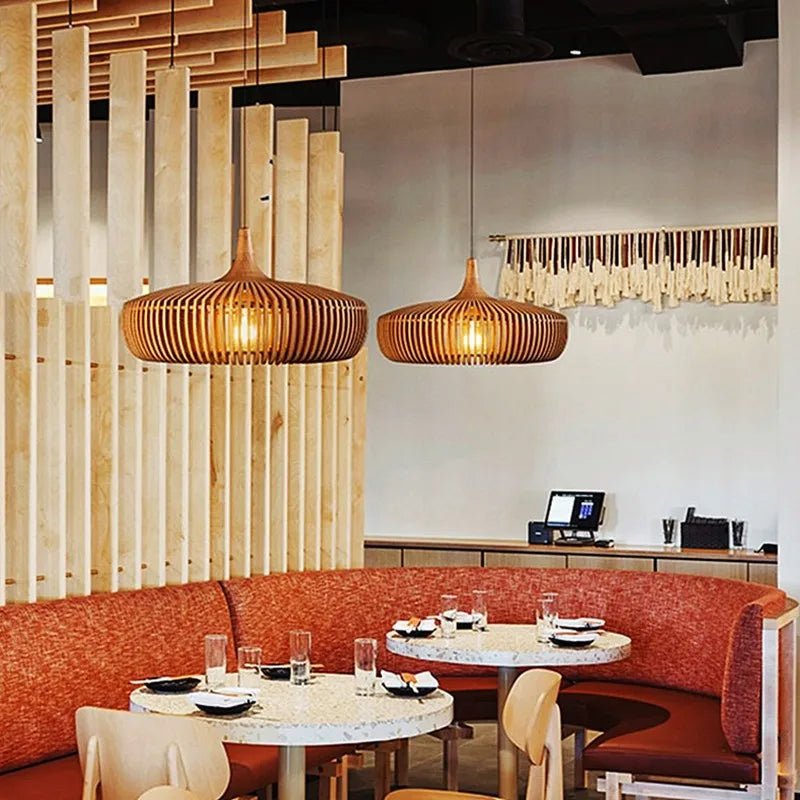 Wabi-Sabi Hollowed Wood Pendant Light in Brown - Decorbites