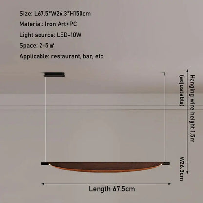 Modern minimalist led wabi sabi pendant light with curved wooden disc and black iron frame for dining room amber glow