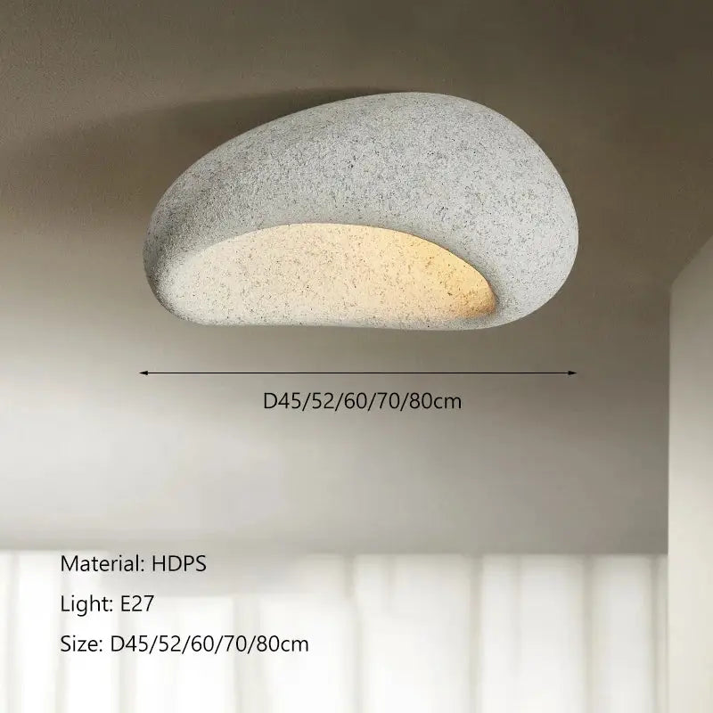 A modern gray hdps stone-textured cream ceiling chandelier with a smooth half-moon shape and warm interior glow
