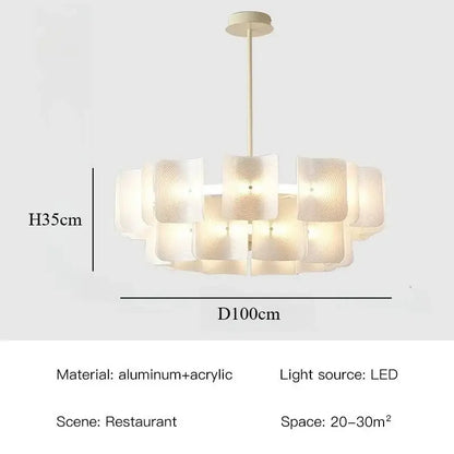 Modern off-white pendant light with layered translucent acrylic panels and painted iron finish for dining room use
