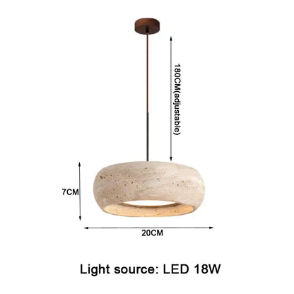 Wabi-sabi off-white stone pendant light with textured beige circular shade and slender metal rod for dining room