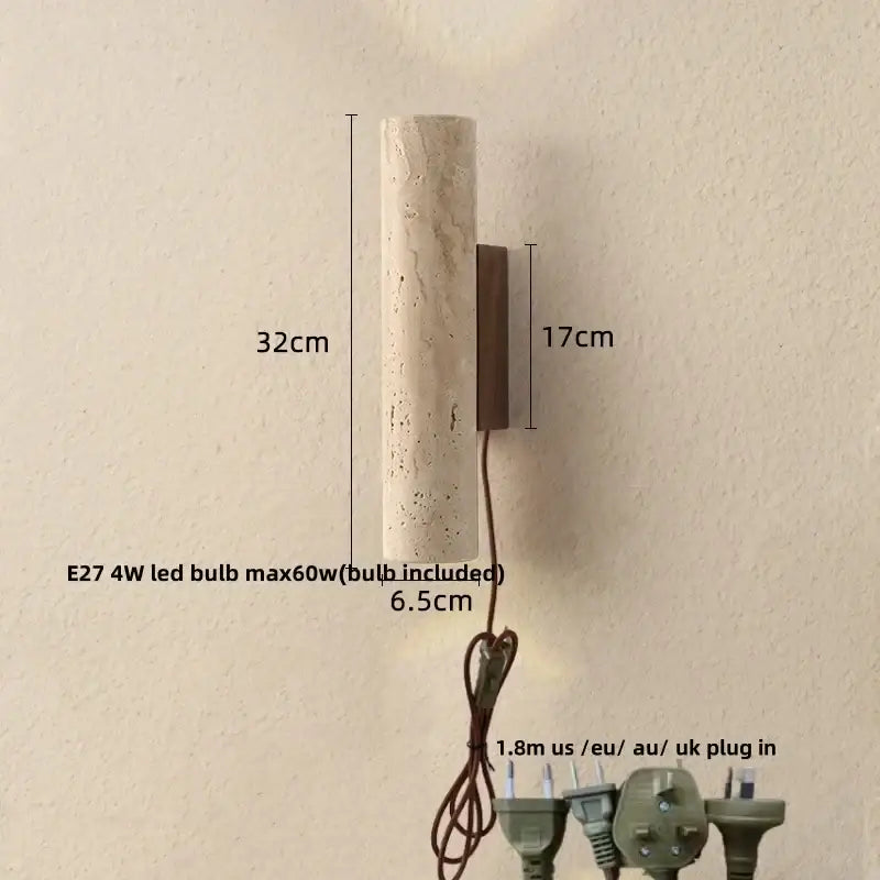 A cylindrical wabi sabi terrazzo and wood led wall light with textured beige surface and dark bronze bracket for bedroom decorbites led wall