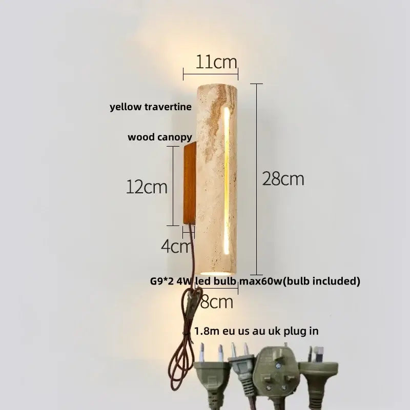 A modern wabi sabi terrazzo and wood led wall light with a yellow travertine cylindrical body and wooden canopy