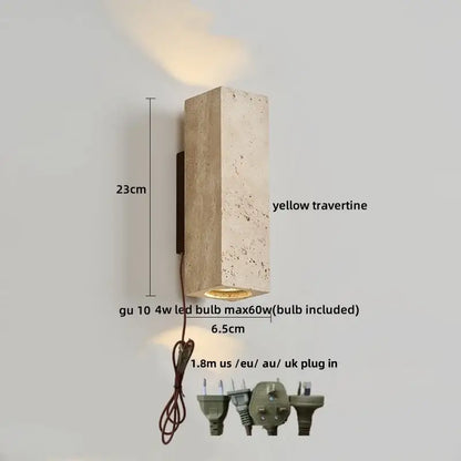 Wabi Sabi terrazzo and wood led wall lights 23cm yellow travertine stone wall lights with gu10 led bulb for bedroom decorbites LED wall