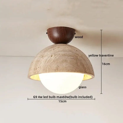 Wabi sabi travertine and wood acrylic led ceiling lamp with dark wood base and yellow travertine dome for bedroom decorbites acrylic led ceiling lighting