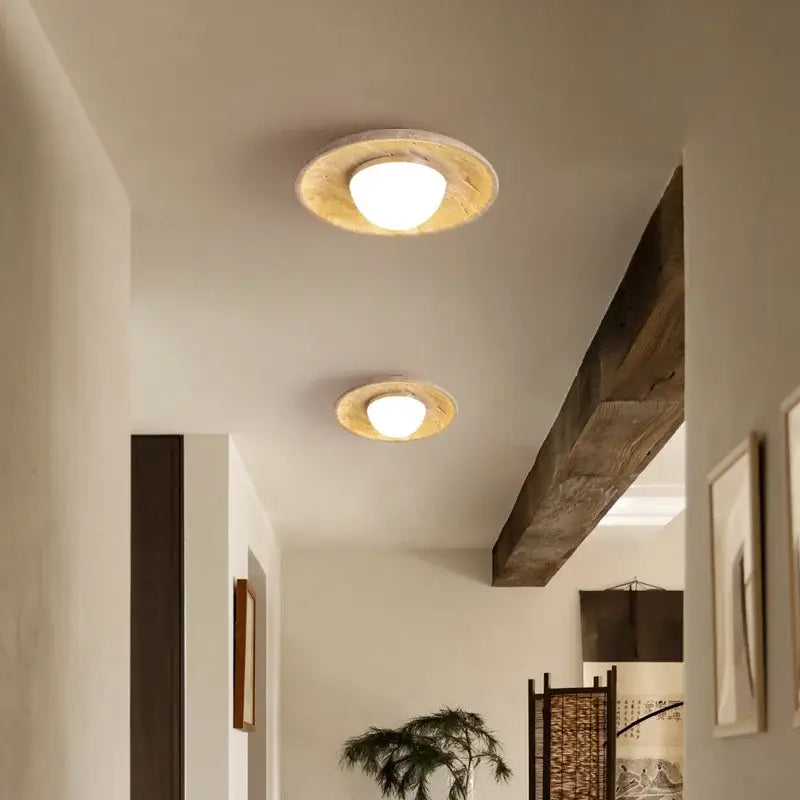 Rounded ceiling lamp with warm glowing bulb encased in rustic wooden ring wood canopy for bedroom decorbites acrylic led