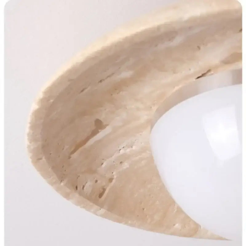 Beige travertine ceiling lamp with wood canopy and smooth white glass shade for bedroom decorbites acrylic led lighting