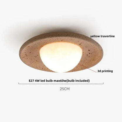 A modern ceiling lamp with wood canopy featuring a warm oval yellow travertine frame and frosted glass diffuser