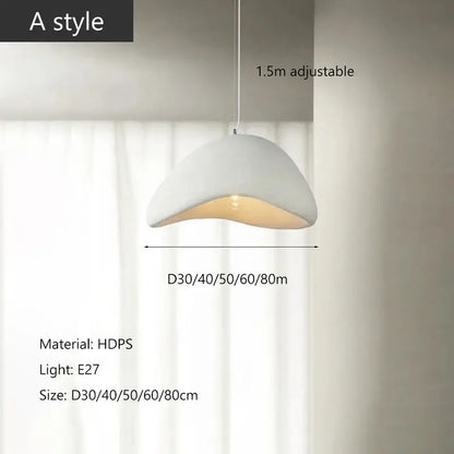 Modern white wabi sabi pendant light with smooth curved high-density polystyrene shell and warm led bulb glow for dining room