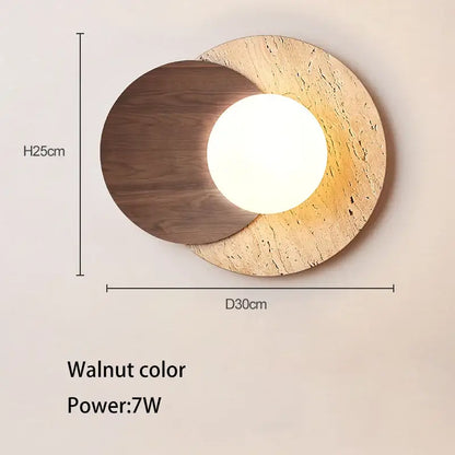 Modern wall lamp with walnut wood disc and textured stone circle featuring a glowing light for cream style bedroom decorbites