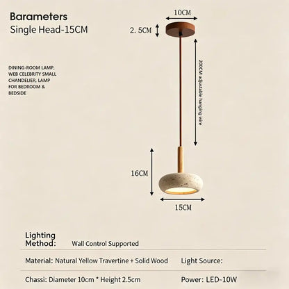Minimalist pendant light with warm yellow travertine shade and solid wood accents for dining room lighting