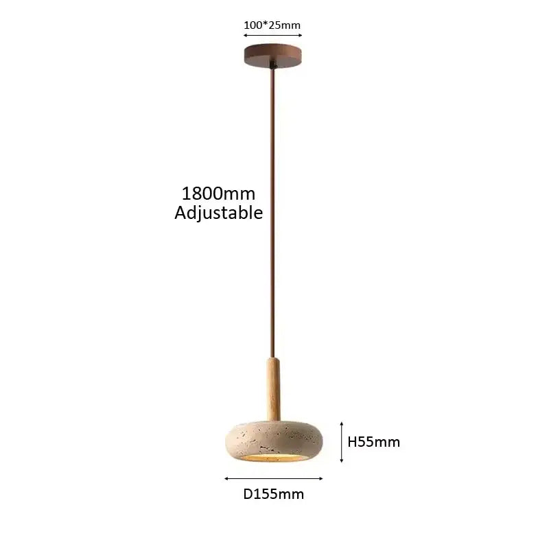 Wabi sabi yellow travertine pendant light with warm textured concrete shade and solid wood accents for dining room